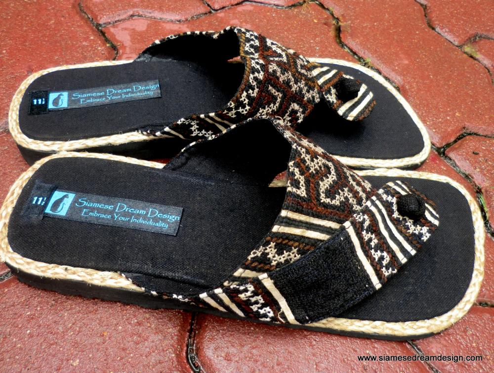 Men's Sandals In Earthy Brown Hmong Cotton Hemp Embroidery And Indigo Batik 