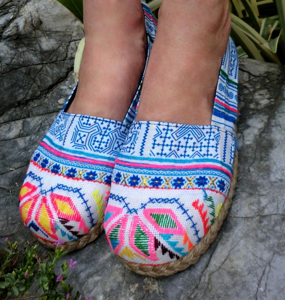 Hmong Embroidered & Batik Womens Blue Vegan Loafers Shoes 