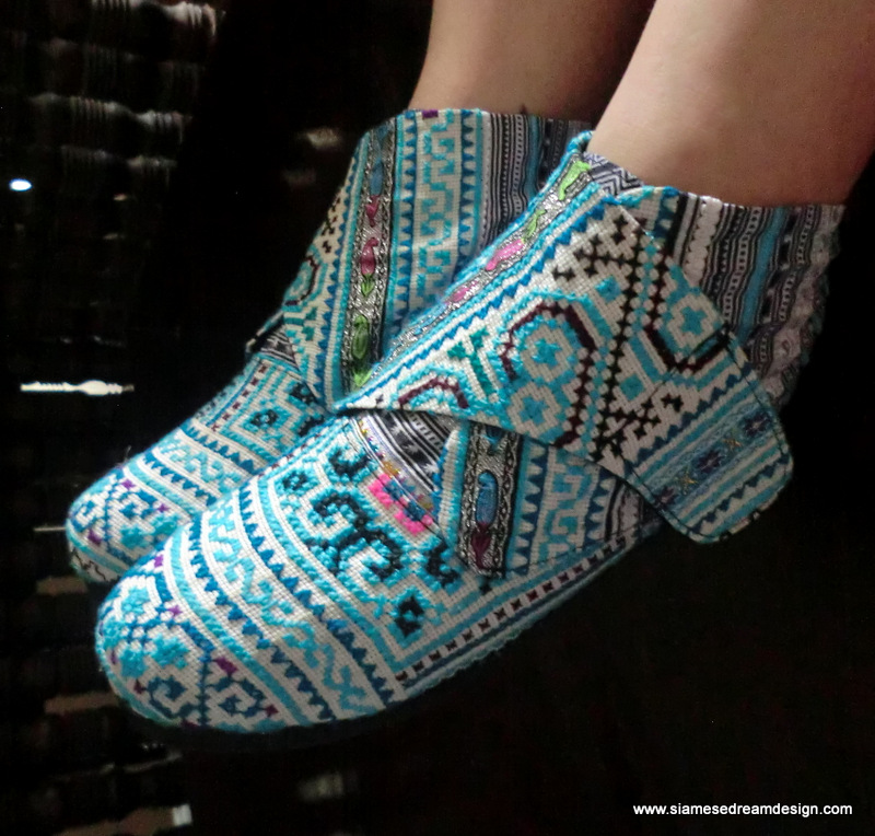 Retro Ankle Bootie In Ice Blue Hmong Embroidery Vegan Shoe