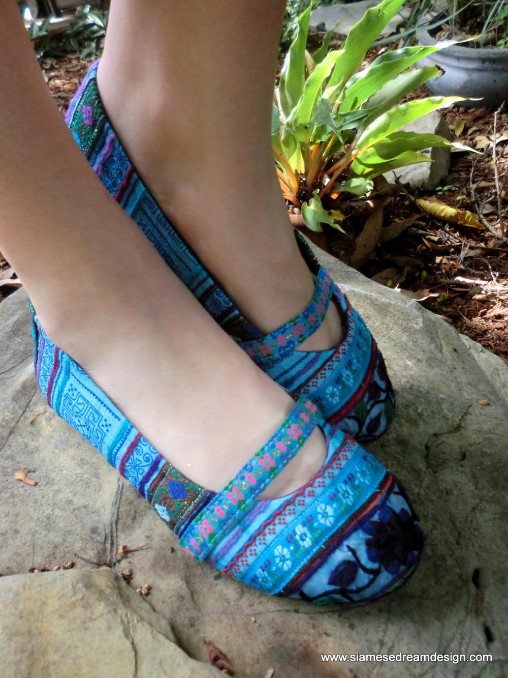 Blue Floral Colorful Hmong Embroidered Ballet Flats Shoes