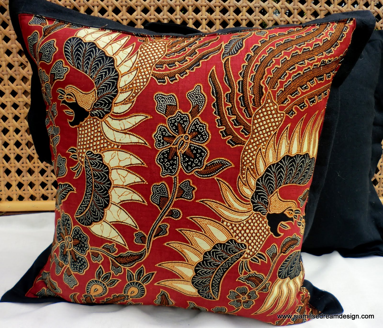 Balinese Batik Pillow / Cushion Cover Exotic Birds In Brick Red Cream